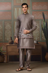 Grey Embroidered Koti Kurta Set